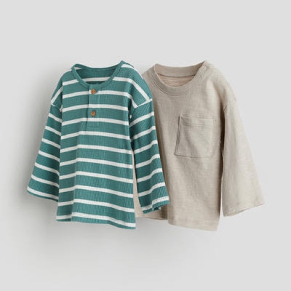 H&M 2-Pack Cotton Striped Green and Beige Shirts Size 18M
